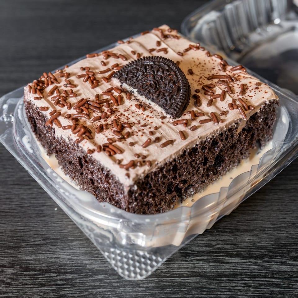 Chocolate cake with light brown frosting, chocolate sprinkles, and a half Oreo cookie on top.
